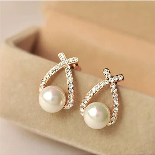 VAGZEB Korea New Fashion Gold Silver Color Cross Crystal Drop Earrings for Women Elegant Cute Pearl Earrings Brincos Jewelry