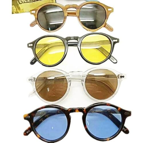 Johnny Depp Retro-Vintage Small Round Sunglasses UV400 Polarized Unisex Nightvision Blue 46-23-145 Fullset Design Packing Case