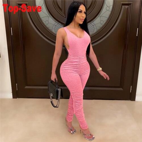 Wholesale Women Casual Jumpsuits Bodycon Tight Backless V-neck Ladies Jumpsuit Romper Trousers Jogging Sports Workout Overalls