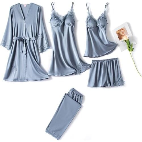 Women 5PCS Pajamas Suit Sexy V-Neck Strap Top&Pant Sleepwear Sweet Lace Trim Home Pijama Spring New Faux Silk Nightwear