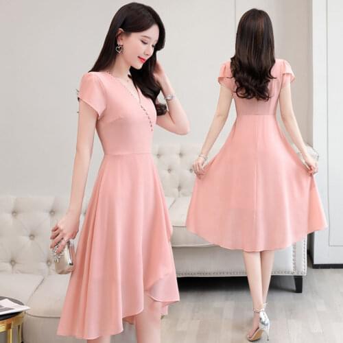 2021 New Summer Clothes Medium Long Round Neck Large Womens Short Sleeve Strap Full Dress Korean Fashion Prom Dresses For Women