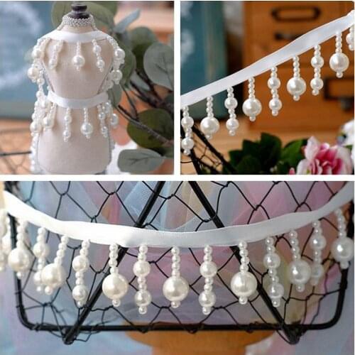 2Yard/Lot Pearl Pendant 4CM Lace Trim Tassel Fringe DIY Wedding Dress Curtain Tablecloth Clothing Home Decorative Accessories