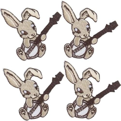 5PCS Cartoon Bunny Playing Guitar Patches Iron on Patches for Clothing DIY Cute Embroidery Applique Kids Clothes Stickers Badge
