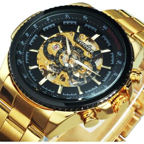 WINNER Brand Luxury Design Skeleton Watch Men Automatic Mechanical Watches Gold Steel Strap Classic Dress Military Wrist Watches