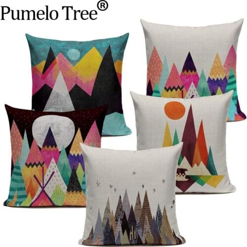 Oil Painting Colorful Triangles Mountain Sun Cushion Covers Bear Pillow Case Decorative Linen Hill Cushions Cover Dropshipping