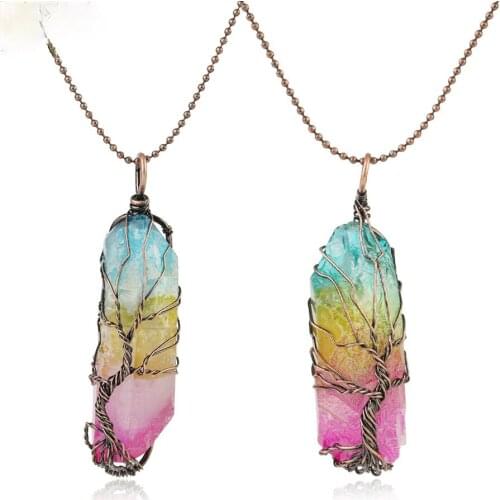 Classic Multi Colors Natural Irregular Crystal Pendant Necklace Jewelry with Copper Wire Bound