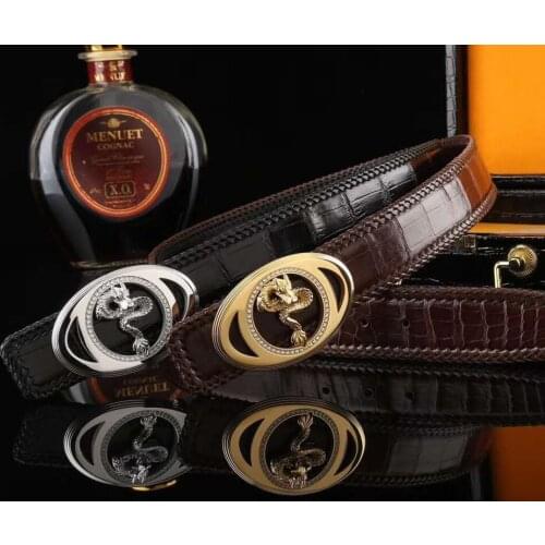 100% genuine crocodile skin men belt with gold/silver dragon buckle hardware weave piping with cow skin strips latest fashion