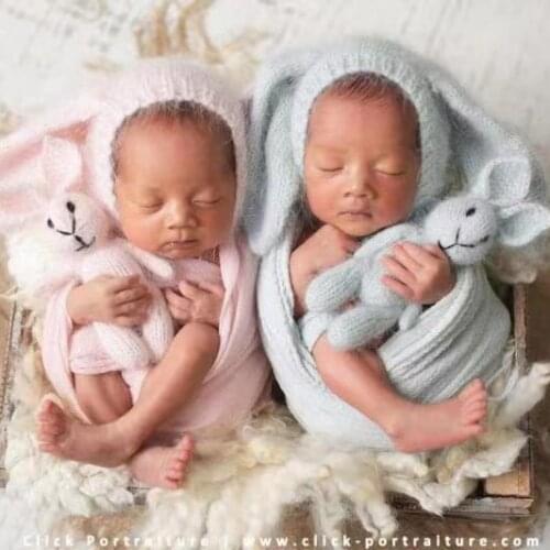 Soft Blue Miniature Rabbit Toy Hat Set Pastel Newborn Hat Bunny Toy Long Floppy Bonnet Stuffed Animal Doll Newborn Photo Props