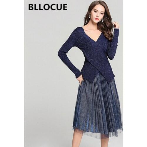 BLLOCUE 2019 Autumn Fashion Women 2 Piece Set Sexy Cross V-neck Long Sleeve Knit Pullover Tops + Mesh Pleated Skirts Suits