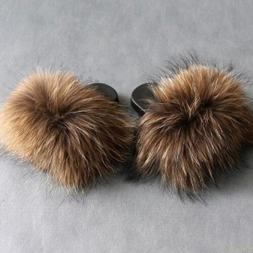 Wholesale Real Fox Slippers Kids Rainbow Neon Color Toldder Fur Child Home Slides Girls Raccoon Super Fluffy Cute Flat Summer