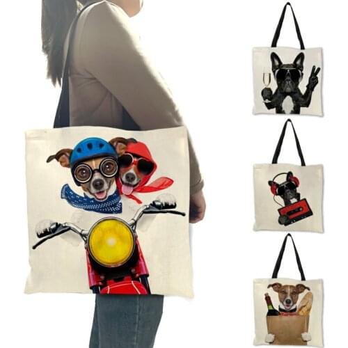 Creative Tote Bags Women Playful Bad Biker Dogs Printing Shoulder Bag Eco Linen Fashion Shopping School Handbag for Girls