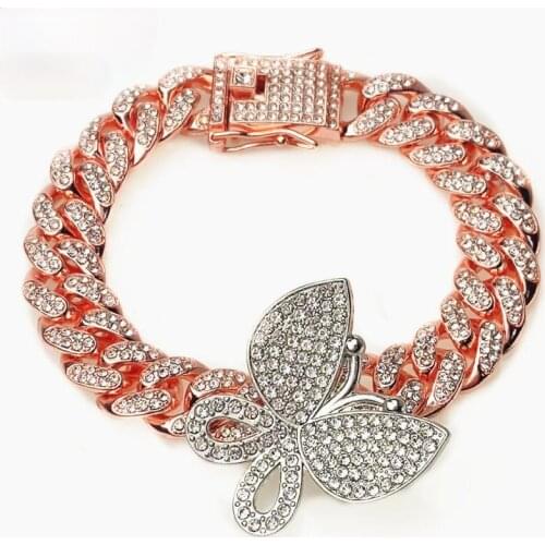 HIP HOP 12mm Bling Multicolor Iced Out CZRhinestone Charm Link Cuban Chain Butterfly Bracelet for Men Women Jewelry