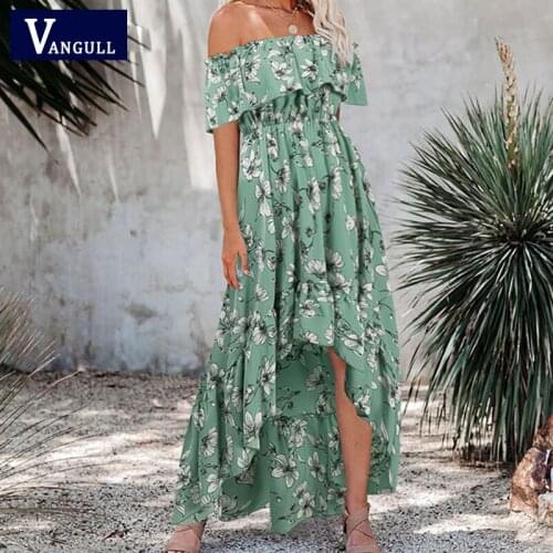 Vangull Bohemian Summer Floral Printed Dress Women Slash Neck Ruffles Chiffon Dress High Waist Beach Sundress Ankle Length Dress