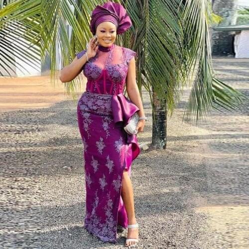 Grape Plus Size Prom Dresses High Neck Appliques Lace Sequins Side Split Mermaid Evening Gowns Peplum Aso Ebi African Party Vest