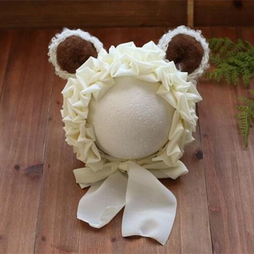 Vintage Beige Newborn Baby Girl Flower Bonnet Newborn Floral Bonnet Baby Flower Hat Infant Animal Bear Bonnet Photography Props