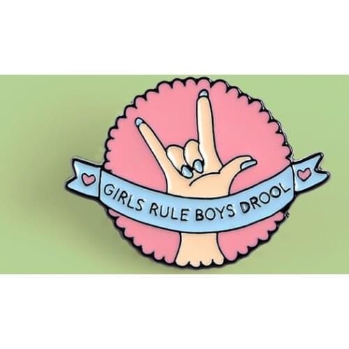 Wave Pattern Lace With Blue Ribbon Love Heart Round Pins "Girls Rule Boys Drool " Brooch For Women Girls Feminist Accessories