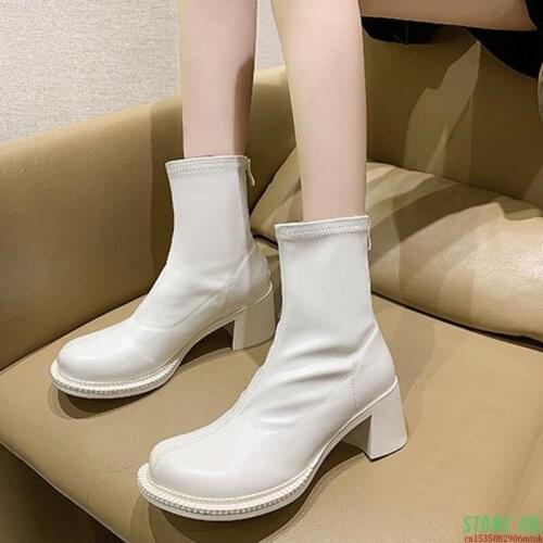 Vintage Big Toe Chunky Heels Boots Women Pu Leather Platform Ankle Boots Ladies Elastic Zipper Autumn Winter Booties