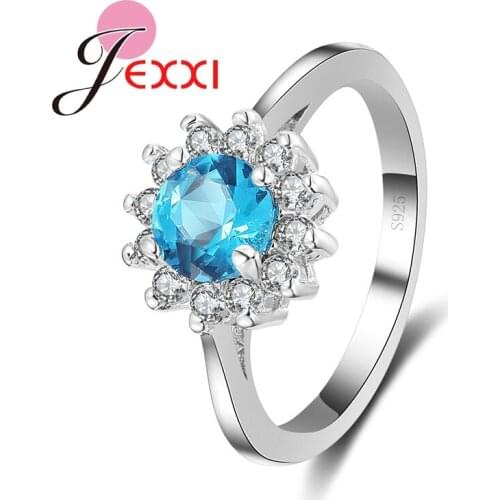 Hot Selling Christmas Gift Wholesale 925 Sterling Silver Woman Wedding Engagement Rings Classic Blue Crystal Jewelry