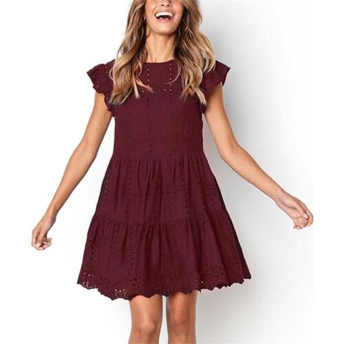 Summer Dress Women Hollow Out Flying Sleeve Black Dresses Ladies O-neck Ruched A-line Dress Casual Beach Dresses Sundress