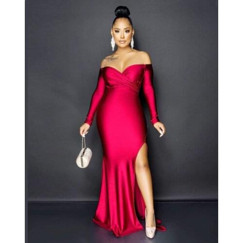 Womens Full Dress Solid Color Off Shoulder Split Evening Dress L51672