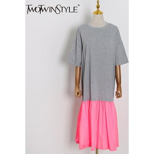 TWOTWINSTYLE Elegant Loose Hit Color Dress For Women O Neck Short Sleeve Casual Patchwork Dresses Female Fashion New Clothes