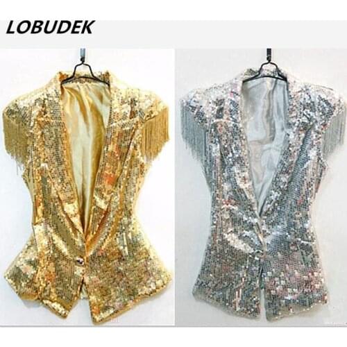 Punk Style Male Female Gold Silver Sequins Tassels Vest Jacket Tide Fashion Dance Teams Jazz DJ Singer Costume Lead Dancer Top