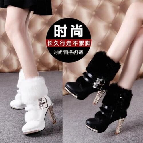 Winter 2020 new high-heeled belt buckle wool medium boots white thick heel fashion womens Boots