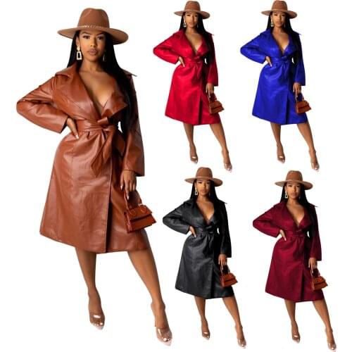 Winter Pu Leather Jacket Coat Long Coat Turn Down Collar Female With Belt Outwear Winter Streetwear Streetwear Outfits