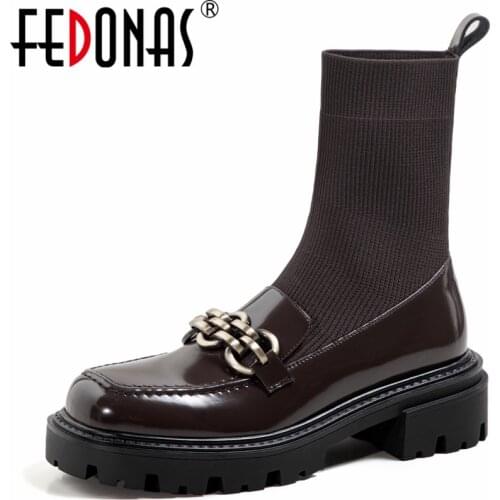 FEDONAS New Metal Decoration Women Ankle Boots 2021 Autumn Winter Retro Casual Genuine Leather Knitting Slim Short Shoes Woman