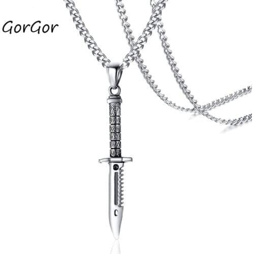GorGor Cool Vintage Sword Design Cross Pendant Necklace for Men Chain Stainless Steel Gold Plated Jewelry PN-937