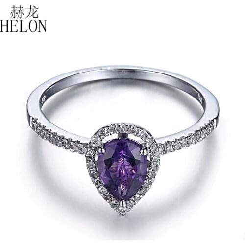 HELON 925 Sterling Silver 7x5mm Pear cut 100% Genuine Natural Amethyst & Diamonds Wedding Ring Exquisite Fine Jewelry Women