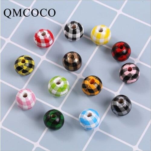 20Pcs Wooden Colorful Grid And Stripes Round Beads DIY Custom Natural Wood Beaded Environmentally Jewelry Baby Toys Accessories