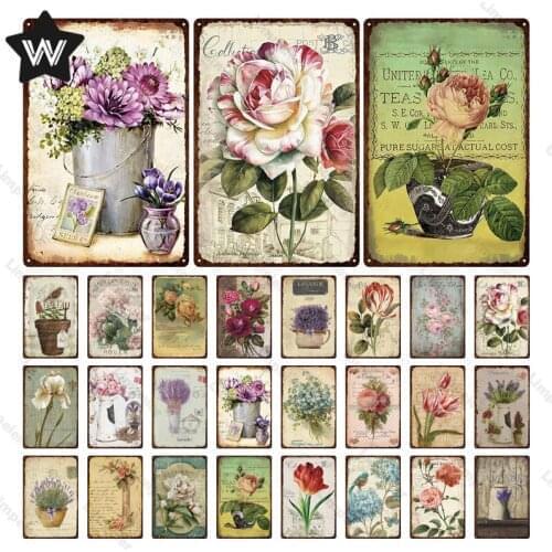 Metal Sign Flowers Vintage Tulip Metal Plaque Tin Plate Peony Wall Sticker Retro Style Tin Sign Wall Stickers for Man Cave Decor