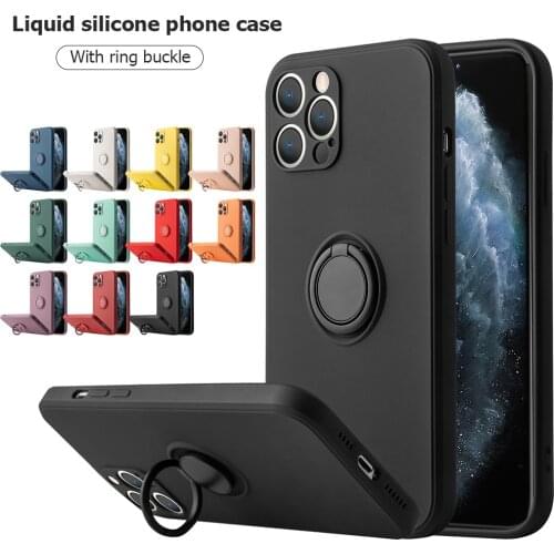 Original Liquid Silicone Square Phone Case For iPhone 12 11 Pro Max X XR XS Max 7 8 Plus 12 Mini Finger Ring Holder Soft Cover
