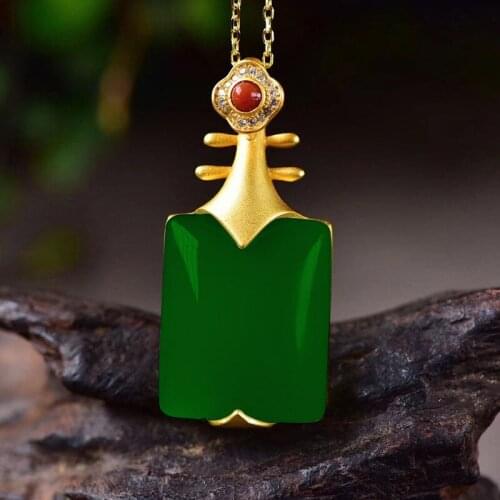 925 Silver Natural White Jade Chalcedony Qin Pendant Necklace Jadeite Chalcedony Amulet Fashion Jewelry Gifts Women