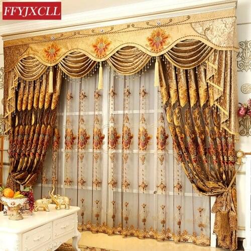 Luxury Upscale European Embroidery Curtains for Living Dining Room Bedroom Shade Valance Custom Wave Golden Customization