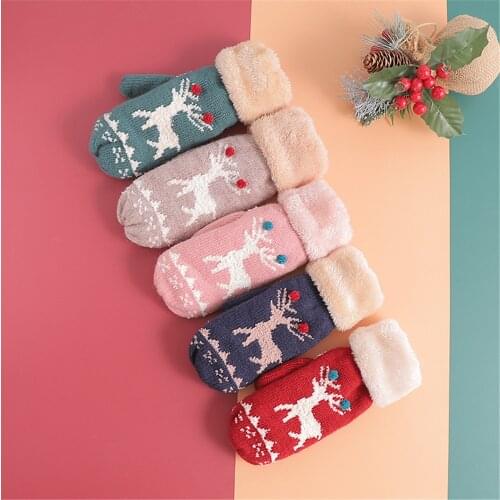 Christmas Cute Elk Winter Ladies Fleece Woolen Gloves Plus Velvet Thickening Cold Proof And Warm Mittens Gloves For Students