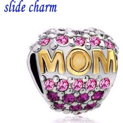Slide charm Free shipping Mothers Day gift love pink crystal amulet charm beads fit Pandora bracelet