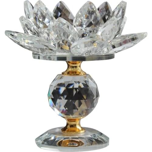 Glass Block Lotus Flower Metal Candle Holders Feng Shui Home Decor Big Tealight Candle Stand Holder Candlesticks-White
