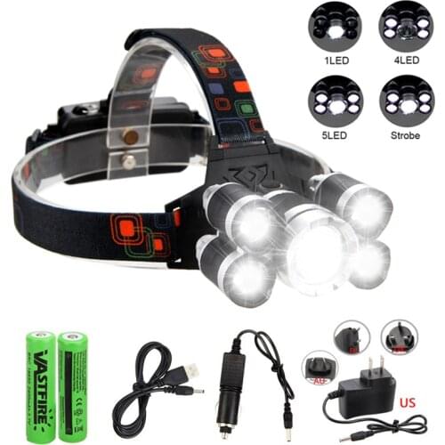 LED Headlight Headlamp 5LED T6 Head Lamp Power Flashlight Torch Adjustable Head Light 18650 Battery ChargerFor Camping, Fishing