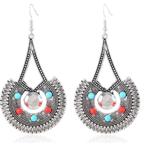 Afghan Big Vintage Silver Color Metal Earrings For Women Boho Jewelry Blue Red Stone Indian Jhumka Earrings Female Pendientes