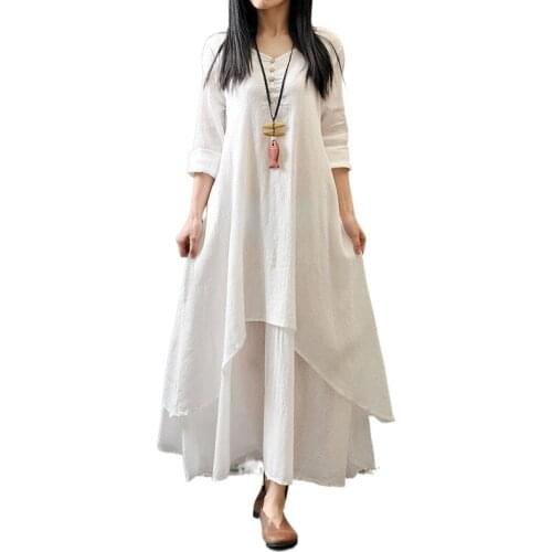 Beardon Spring Summer Women Long Cotton Linen Dress Plus Size False Two Pieces O-Neck Maxi Dresses Office Casual Loose Skirts