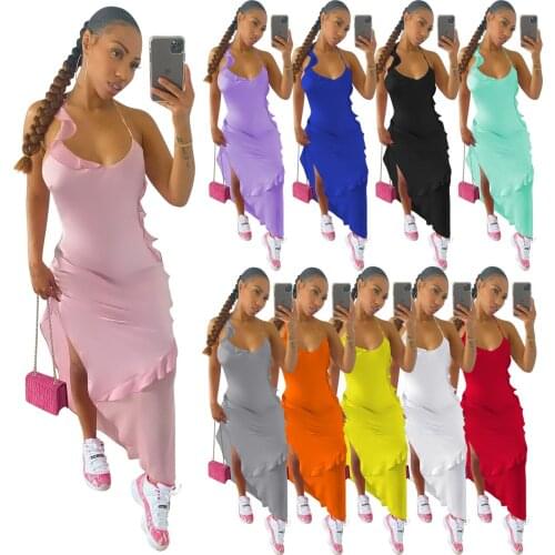Women Spaghetti Strap Ruffles Dress 2021 Hot Summer Sleeveless Solid Slim Waist Sexy Lady Nightclub Bodycon Irregular Dresses
