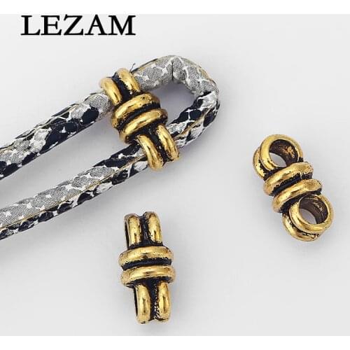 20pcs Antique Gold Double Hole Slider Beads Spacer For 3mm Round Leather Cord Bracelet Jewelry Making Findings Material 13x6mm