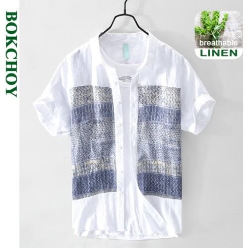 2021 Spring and Summer New Men Casual Stitching Linen Short-sleeved Shirt Beach Style Workwear GA-671