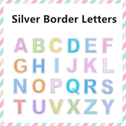26pcs Silver Border English Letters A-Z alphabet embroidered patches applique iron on letters for clothing bags kids name patch