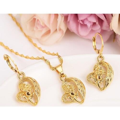 Bangrui Ethiopian Gold Colorrose Flower set women girls love Jewelry Pendant Earrings African Bride Wedding heart Bijoux gift