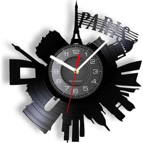 France Paris Skyline Vinyl Album Record Clock Watch French Decor Europe Art Paris Cityscape Vintage Cut Out Longplay Wall Clock