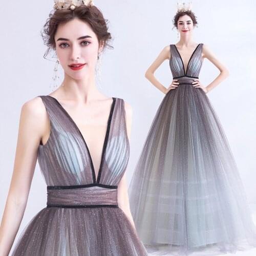 Elegant and fashionable gradient gray starry sky dress dinner annual party deep V-neck starlight birthday party prom dress A056