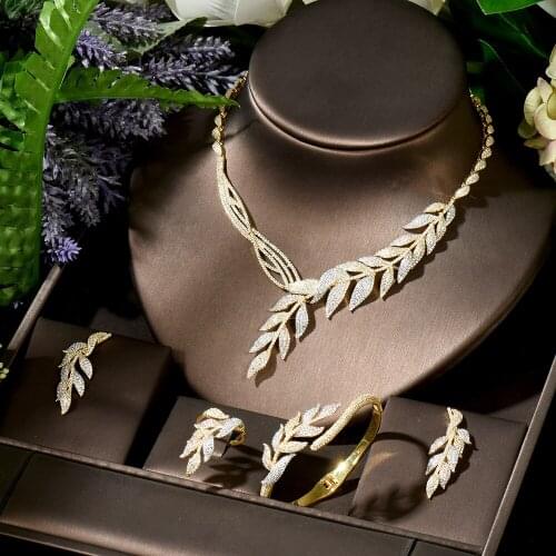 HIBRIDE Elegant Leaf Shape Gold Color Micro Zirconia Pave Dubai Wedding Jewelry Sets For Women collares mujer moda 2021 N-1501